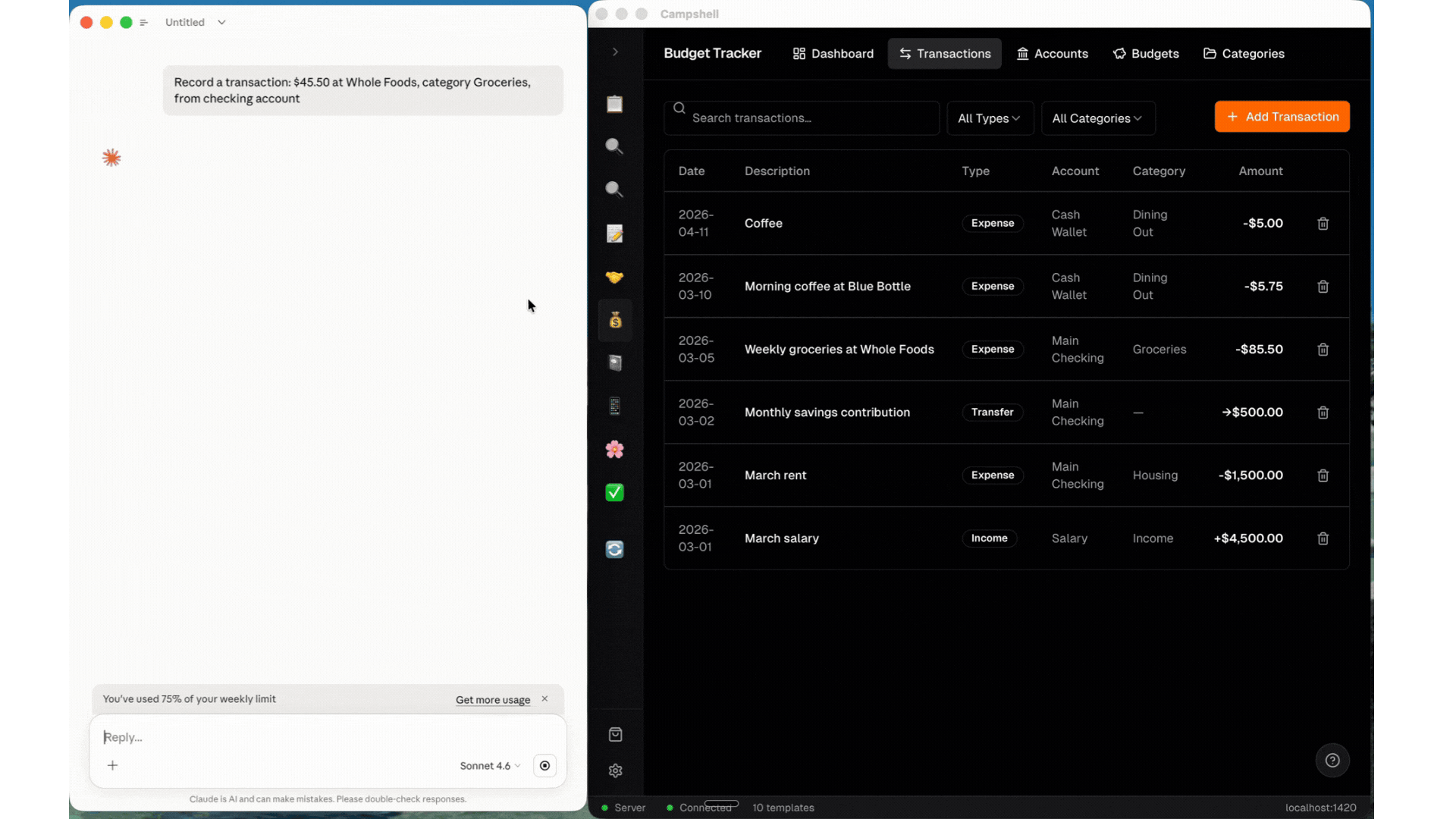 Budget Tracker running in the Campshell app