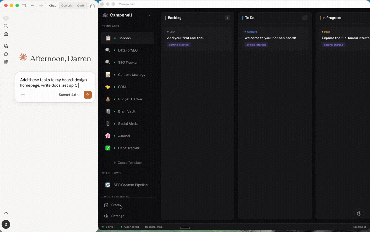 Kanban Board running in the Campshell app