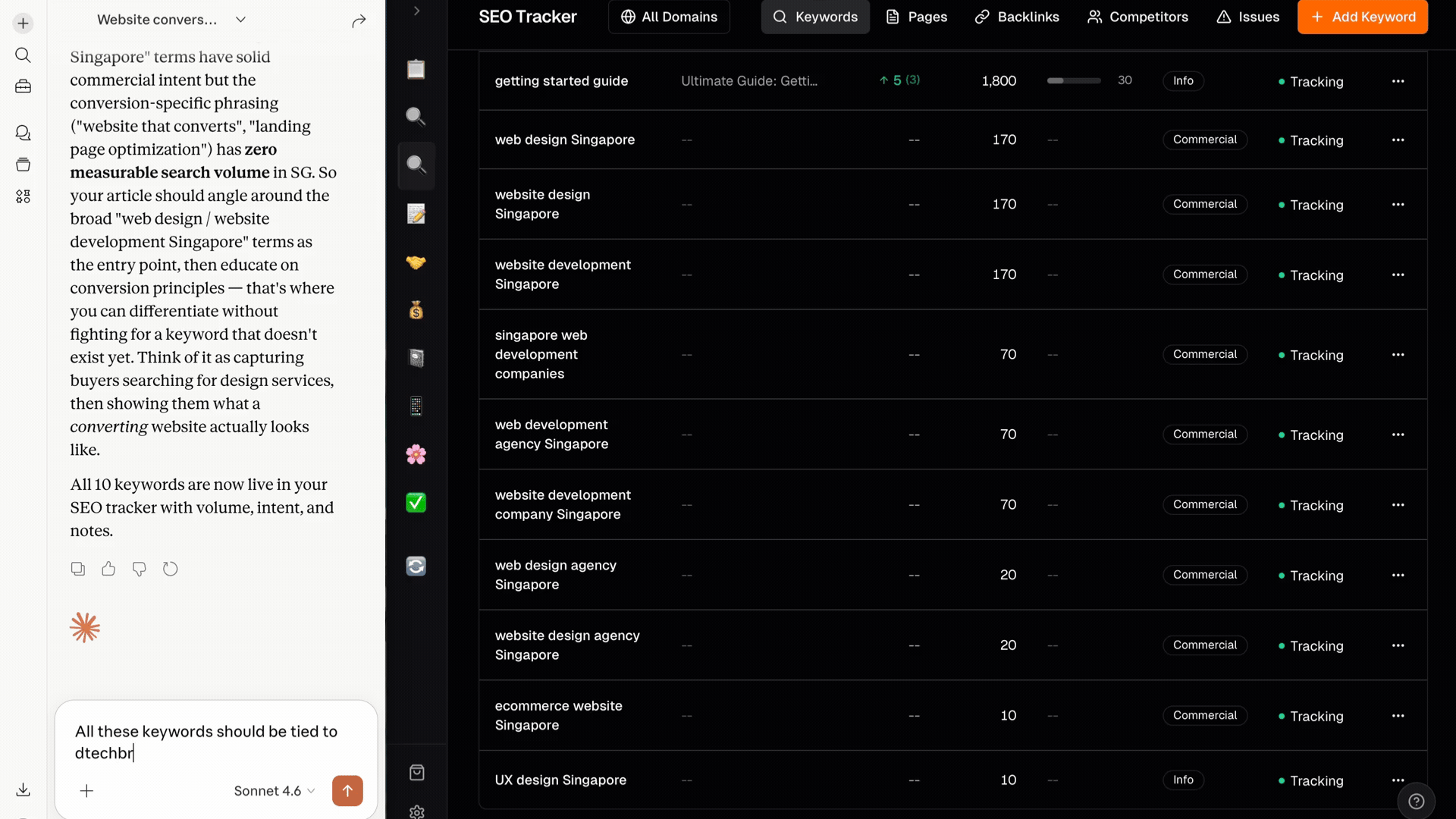SEO Tracker running in the Campshell app