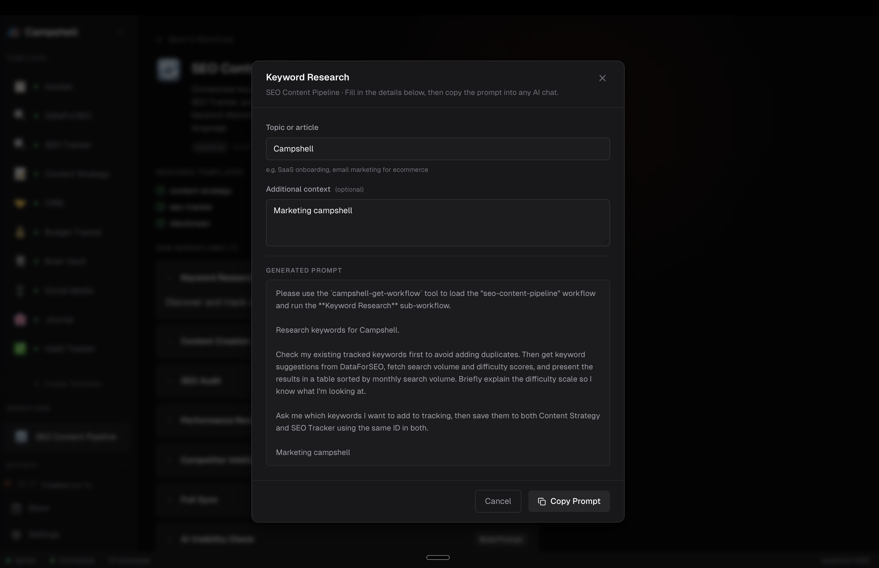 Keyword Research sub-workflow generating a ready-to-paste prompt